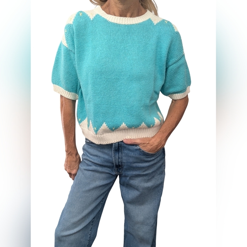 Vintage 80s Patsy’s Place Blue White Knit Short Sleeve Sweater L